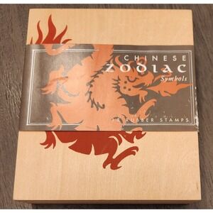 Chinese Zodiac Rubber Stamp‎ Set 18 Symbols Wood Box Dragon Design
